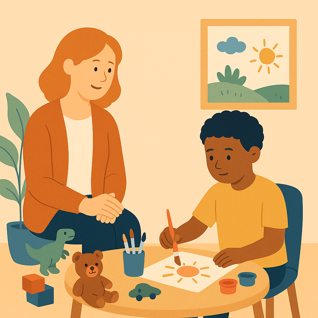 Child and adolescent counselling illustration: a therapist guiding a young client in art and play therapy with toys, paint, and drawing tools in a warm, nurturing room.