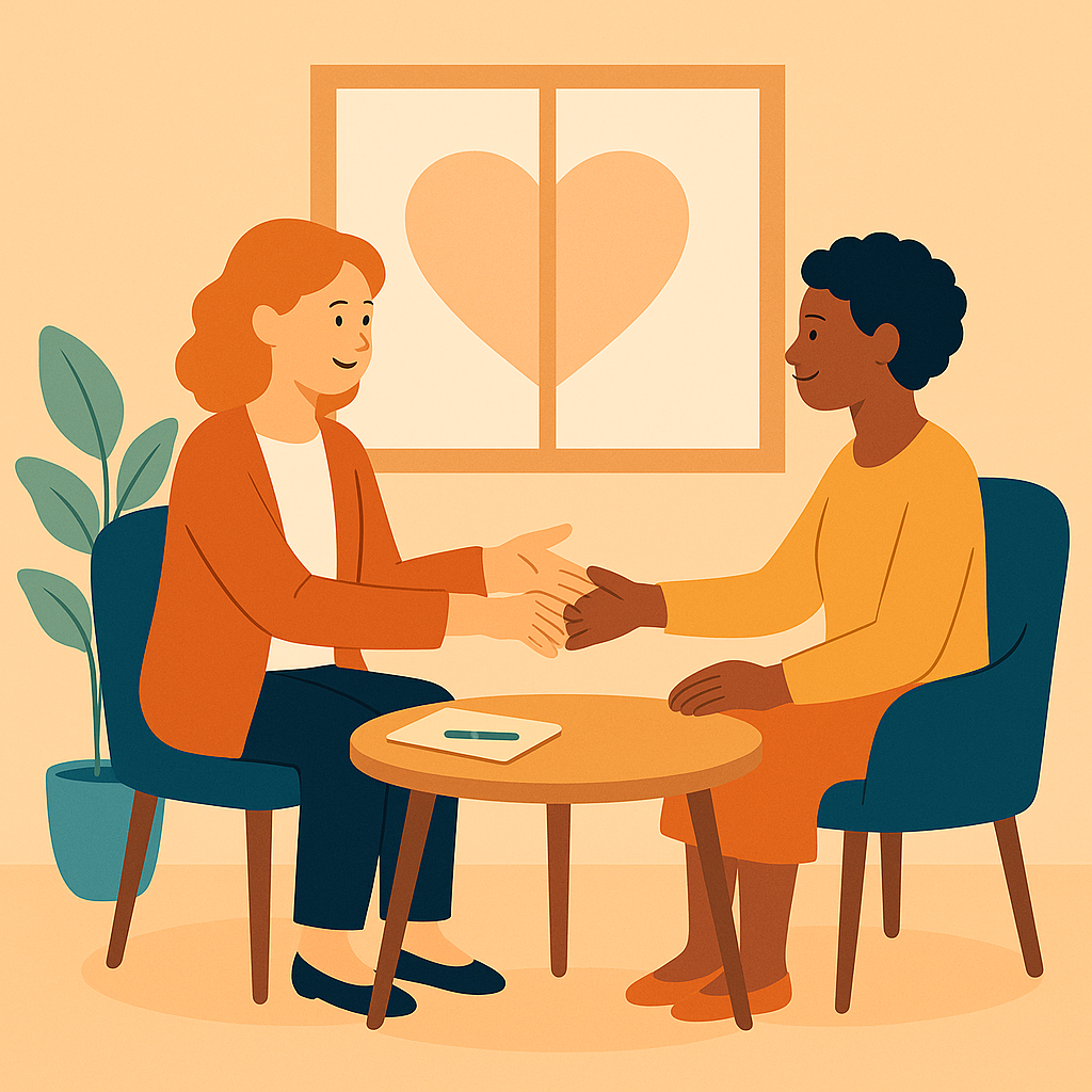 Therapist and client shake hands in a warm, calm room with a heart in the window at counselling session.