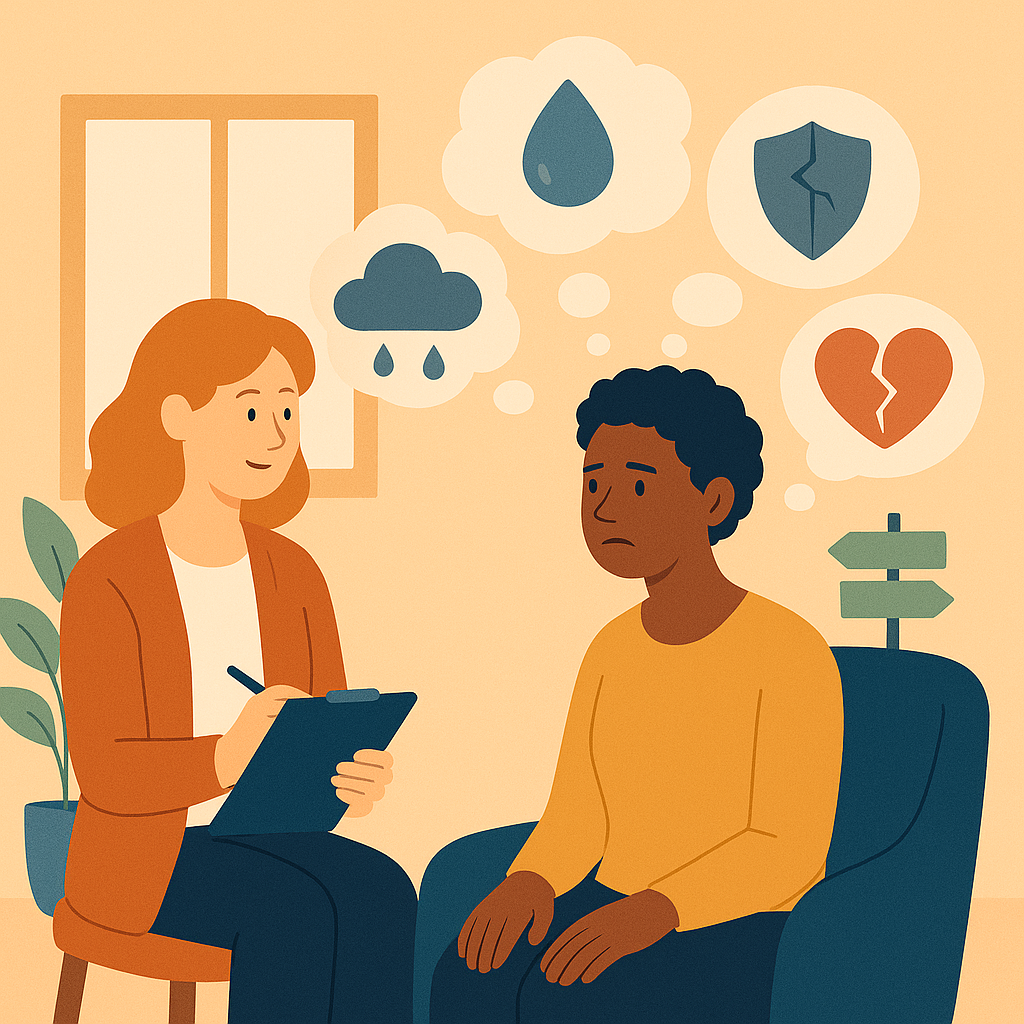 Therapist-client session illustration with thought bubbles symbolizing anxiety, depression, trauma, relationship issues, and life transitions.