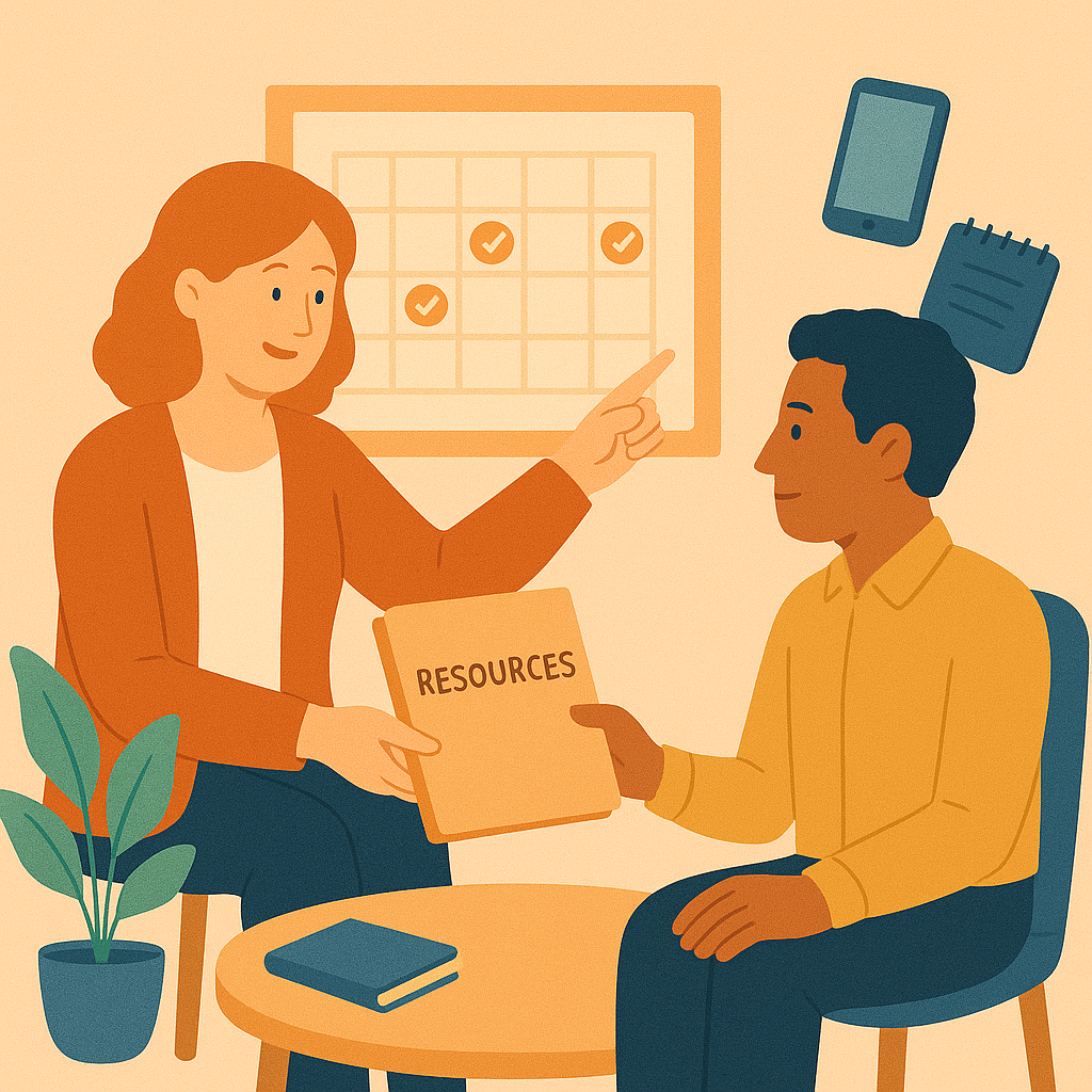 Counselor handing a ‘RESOURCES’ folder to an adult client, with a calendar marked for follow-up and floating icons (smartphone, notepad) in a warm, supportive office.