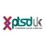 Logo of PTSD UK with a multicolored ribbon symbol and the slogan 'Tomorrow can be a new day.'