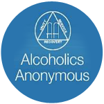 Logo of Alcoholics Anonymous featuring the AA symbol within a blue circle