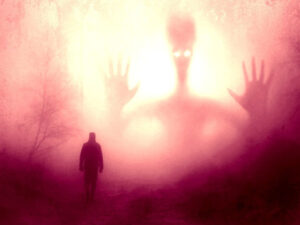 Silhouette of a person walking towards a ghostly figure in a misty, eerie landscape.